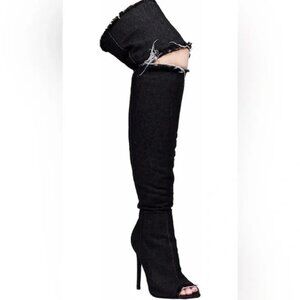 Lilliana Knee High Boots 8.5 Black Denim Over The Knee Distress Cutout